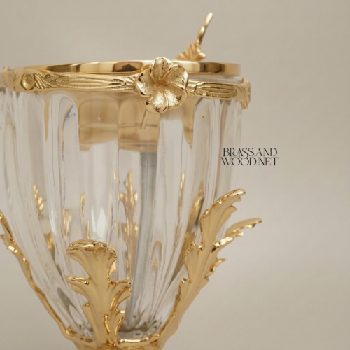Neoclassical Faceted Crystal Brass Incense Burner Urn with Acanthus Leaf Mounts Gold Front | Brass & Wood