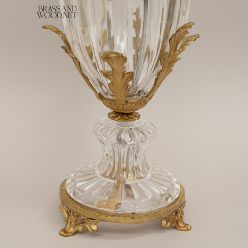 Neoclassical Faceted Crystal Brass Incense Burner Urn with Acanthus Leaf Mounts Antique Gold Front | Brass & Wood