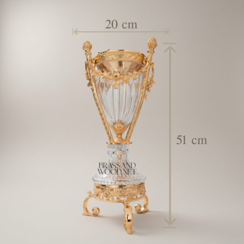 Neoclassical Fluted Crystal and Brass Incense Burner with Ornate Scroll-Footed Plinth Gold Front | Brass & Wood
