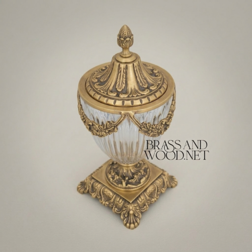 Neoclassical Crystal Brass Lidded Urn Vase with Floral Swag Mounts and Pineapple Finial Antique Gold Side | Brass & Wood