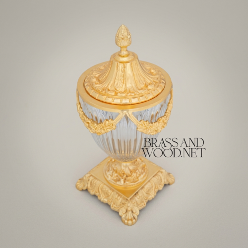 Neoclassical Crystal Brass Lidded Urn Vase with Floral Swag Mounts and Pineapple Finial Gold Side | Brass & Wood