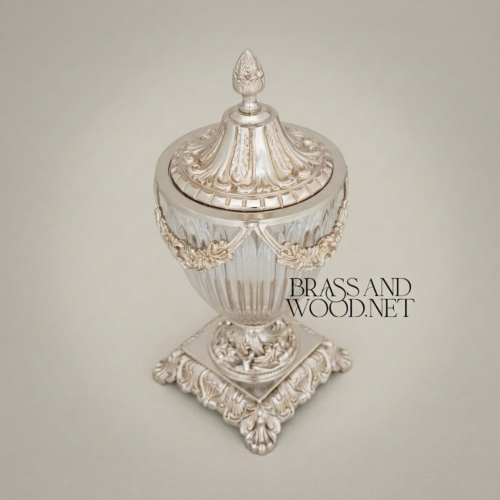 Neoclassical Crystal Brass Lidded Urn Vase with Floral Swag Mounts and Pineapple Finial Silver Side | Brass & Wood