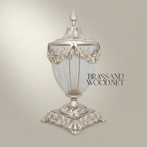Neoclassical Crystal Brass Lidded Urn Vase with Floral Swag Mounts and Pineapple Finial Silver Side | Brass & Wood