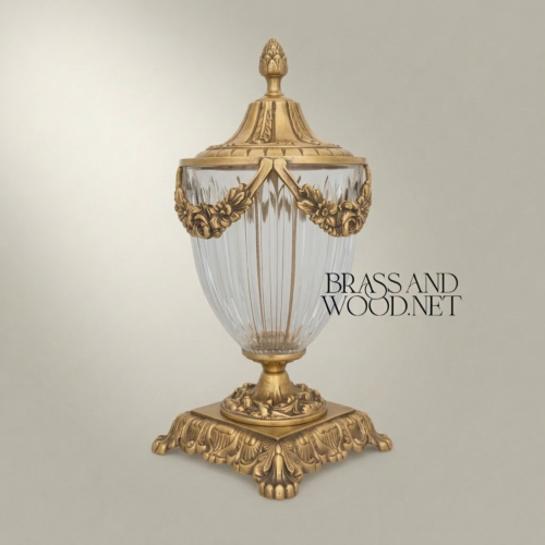 Neoclassical Crystal Brass Lidded Urn Vase with Floral Swag Mounts and Pineapple Finial Antique Gold Side | Brass & Wood