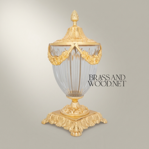 Neoclassical Crystal Brass Lidded Urn Vase with Floral Swag Mounts and Pineapple Finial Gold Side | Brass & Wood