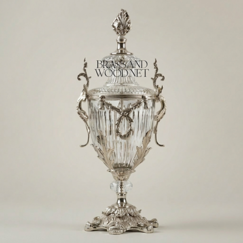 Neoclassical Handcrafted Crystal Covered Urn Vase with Brass Acanthus Mounts and Flame Finial Silver Front | Brass & Wood