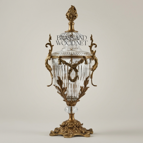 Neoclassical Handcrafted Crystal Covered Urn Vase with Brass Acanthus Mounts and Flame Finial Antique Gold Front | Brass & Wood
