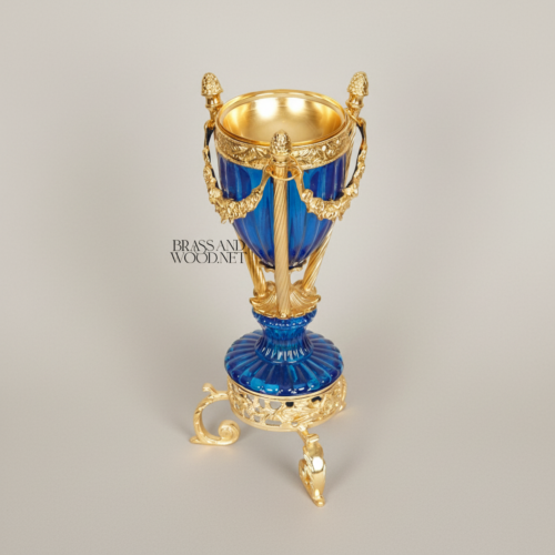 Neoclassical Cobalt Crystal Brass Incense Burner Fluted Urn Ormolu Stand Pinecone Finials Brass and Wood Gold Front | Brass & Wood
