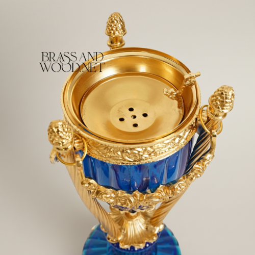 Neoclassical Cobalt Crystal Brass Incense Burner Fluted Urn Ormolu Stand Pinecone Finials Brass and Wood Gold Front | Brass & Wood