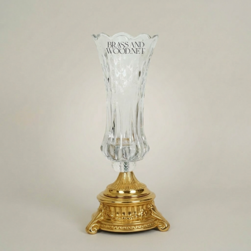Neoclassical Faceted Crystal Trumpet Vase with Ornate Brass Base - Brass and Wood Gold Front | Brass & Wood