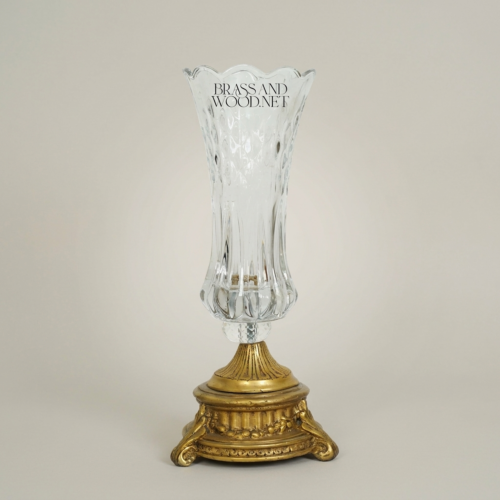 Neoclassical Faceted Crystal Trumpet Vase with Ornate Brass Base - Brass and Wood Antique Gold Front | Brass & Wood