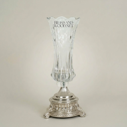 Neoclassical Faceted Crystal Trumpet Vase with Ornate Brass Base - Brass and Wood Silver Front | Brass & Wood