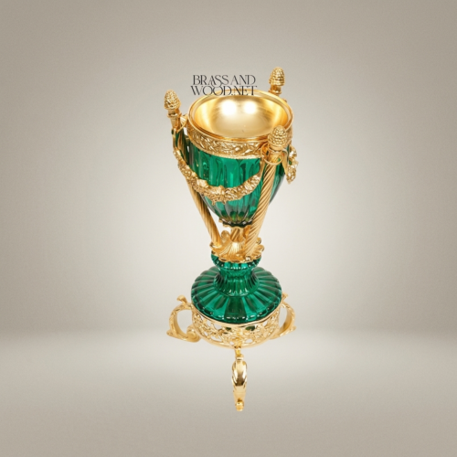 Neoclassical Green Crystal Urn Incense Burner Gilt Brass Garland Mounts Scrolled Tripod Base Brass and Wood Gold Front | Brass & Wood