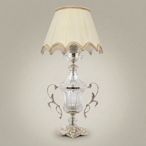 Neoclassical Crystal Urn Table Lamp Twin Brass Scroll Handles Cream Pleated Shade Silver Front | Brass & Wood