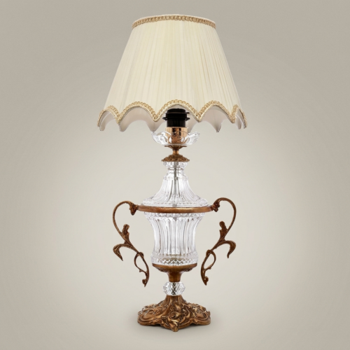 Neoclassical Crystal Urn Table Lamp Twin Brass Scroll Handles Cream Pleated Shade Antique Gold Front | Brass & Wood