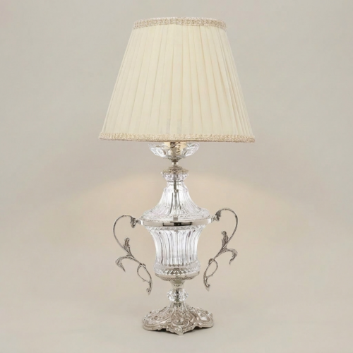 Neoclassical Crystal Urn Table Lamp Twin Brass Scroll Handles Cream Pleated Shade Silver Front | Brass & Wood