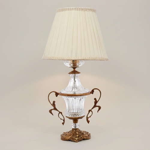 Neoclassical Crystal Urn Table Lamp Twin Brass Scroll Handles Cream Pleated Shade Antique Gold Front | Brass & Wood