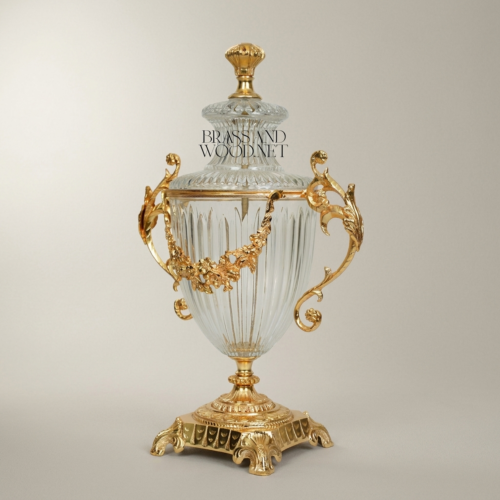 Neoclassical Ribbed Crystal Urn Vase with Brass Floral Swag Handles and Ornate Pedestal Base – Brass and Wood Gold Front | Brass & Wood