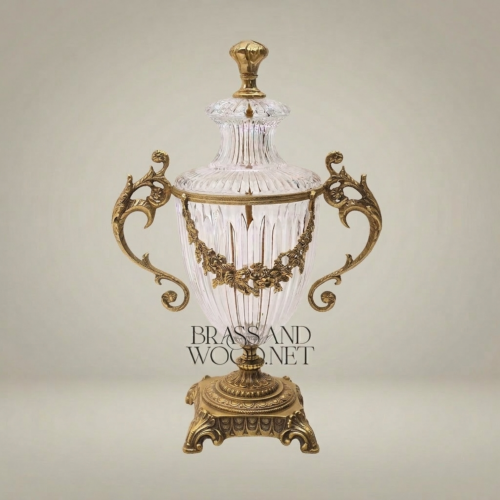 Neoclassical Ribbed Crystal Urn Vase with Brass Floral Swag Handles and Ornate Pedestal Base – Brass and Wood Antique Gold Front | Brass & Wood