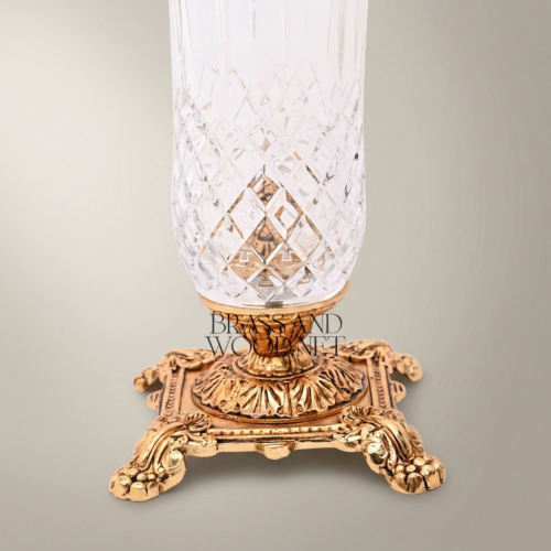 Neoclassical Handcrafted Cut Crystal Vase Brass Swag Collar Ornate Footed Base Brass and Wood Gold Front | Brass & Wood