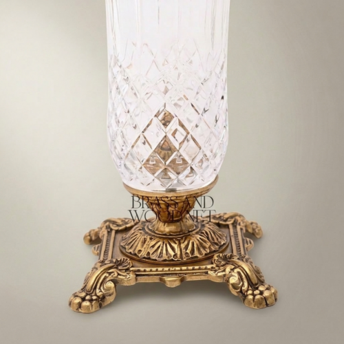 Neoclassical Handcrafted Cut Crystal Vase Brass Swag Collar Ornate Footed Base Brass and Wood Antique Gold Front | Brass & Wood