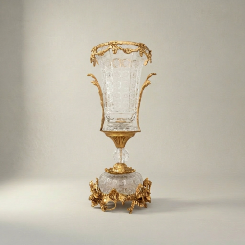 Neoclassical 3-Piece Cut Crystal Brass Garland Garniture Set with Trumpet Vases and Centerpiece Bowl Gold Detail | Brass & Wood