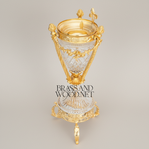 Neoclassical Diamond-Cut Crystal Brass Urn Incense Burner with Floral Swag Mounts Brass and Wood Gold Front | Brass & Wood