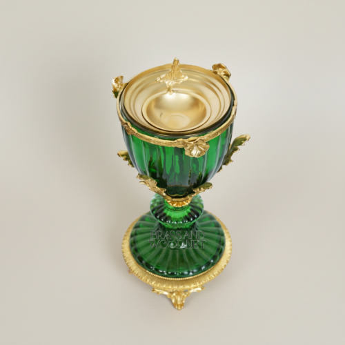 Neoclassical Emerald Green Crystal Censer Ormolu Acanthus Mounts Fluted Goblet Base Brass and Wood Gold Front | Brass & Wood