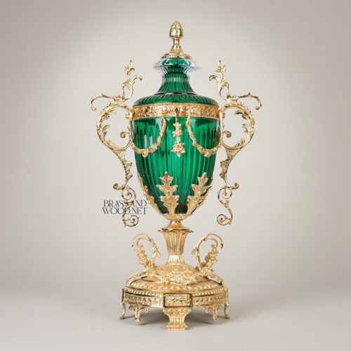 Neoclassical Emerald Green Glass Covered Urn Vase with Ornate Scrolled Brass Handles Acanthus Mounts Brass and Wood Gold Front | Brass & Wood