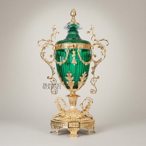 Neoclassical Emerald Green Glass Covered Urn Vase with Ornate Scrolled Brass Handles Acanthus Mounts Brass and Wood Gold Front | Brass & Wood