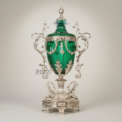 Neoclassical Emerald Green Glass Covered Urn Vase with Ornate Scrolled Brass Handles Acanthus Mounts Brass and Wood Silver Front | Brass & Wood