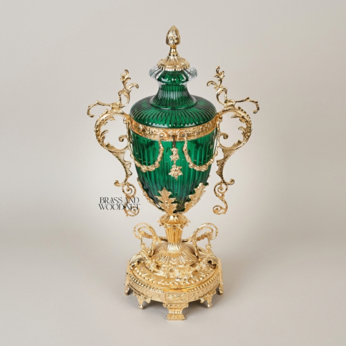 Neoclassical Emerald Green Glass Covered Urn Vase with Ornate Scrolled Brass Handles Acanthus Mounts Brass and Wood Gold Front | Brass & Wood