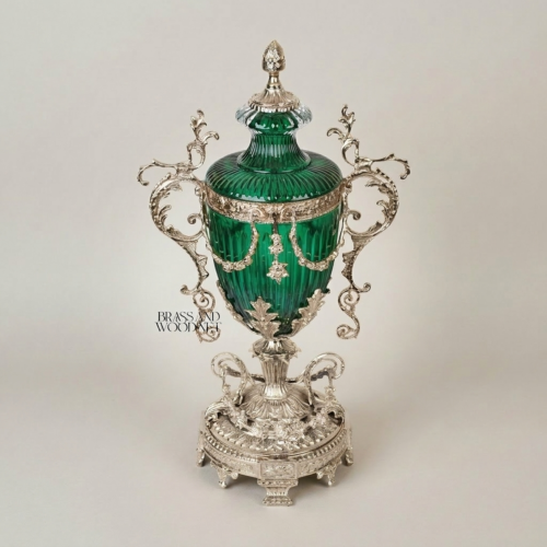 Neoclassical Emerald Green Glass Covered Urn Vase with Ornate Scrolled Brass Handles Acanthus Mounts Brass and Wood Silver Front | Brass & Wood