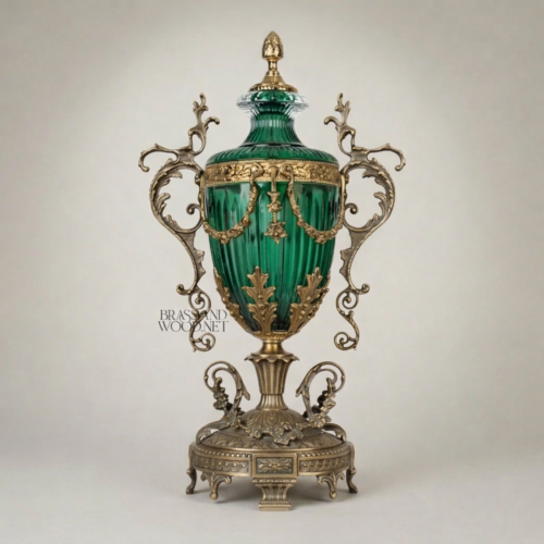 Neoclassical Emerald Green Glass Covered Urn Vase with Ornate Scrolled Brass Handles Acanthus Mounts Brass and Wood Antique Gold Front | Brass & Wood