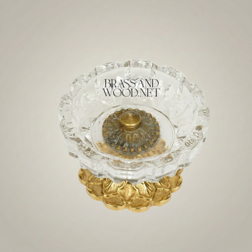 Neoclassical Faceted Crystal Ashtray on Ornate Brass Pedestal Base Gold Front | Brass & Wood
