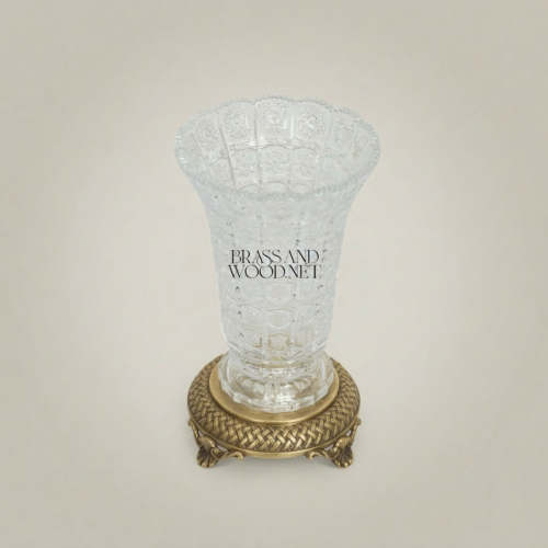 Neoclassical Faceted Crystal Trumpet Vase with Ornate Braided Brass Base on Claw Feet Antique Gold Front | Brass & Wood
