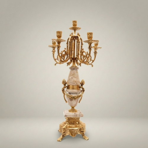 Neoclassical Five-Arm Brass and Marble Candelabra Ornate Sculpted Base Brass and Wood Gold Front | Brass & Wood