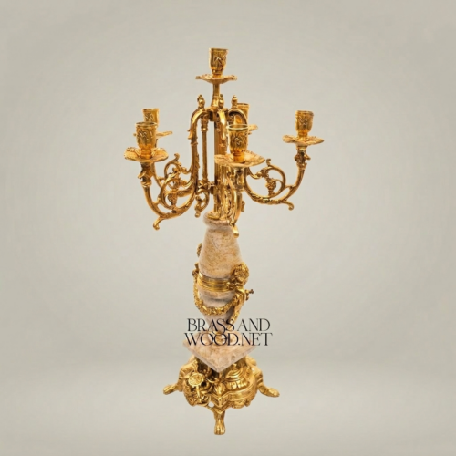 Neoclassical Five-Arm Brass and Marble Candelabra Ornate Sculpted Base Brass and Wood Gold Front | Brass & Wood