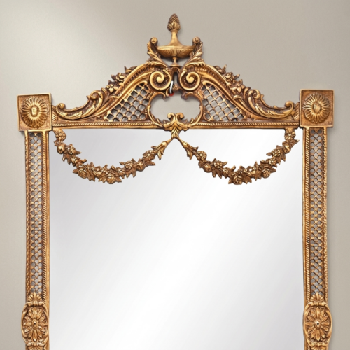 Neoclassical Hand-Carved Wall Mirror with Floral Swag Pediment & Reticulated Frame