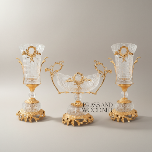 Neoclassical Hand-Cut Crystal Brass 3-Piece Garniture Set Laurel Wreath Mounts Brass and Wood Gold Detail | Brass & Wood