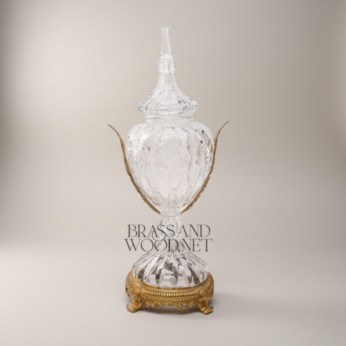 Neoclassical Hand-Cut Crystal Lidded Urn Vase with Ornate Brass Base and Scroll Handles - Brass and Wood Antique Gold Front | Brass & Wood