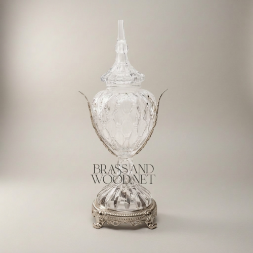 Neoclassical Hand-Cut Crystal Lidded Urn Vase with Ornate Brass Base and Scroll Handles - Brass and Wood Silver Front | Brass & Wood
