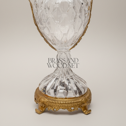 Neoclassical Hand-Cut Crystal Lidded Urn Vase with Ornate Brass Base and Scroll Handles - Brass and Wood Antique Gold Front | Brass & Wood