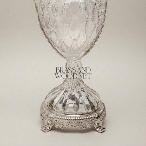 Neoclassical Hand-Cut Crystal Lidded Urn Vase with Ornate Brass Base and Scroll Handles - Brass and Wood Silver Front | Brass & Wood