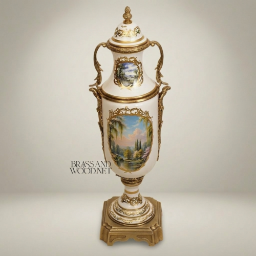 Neoclassical Hand-Painted Ceramic Lidded Urn Vase with Brass Mounts Landscape Floral Medallion Brass and Wood Antique Gold Front | Brass & Wood