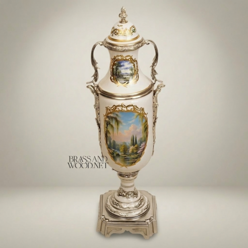 Neoclassical Hand-Painted Ceramic Lidded Urn Vase with Brass Mounts Landscape Floral Medallion Brass and Wood Silver Front | Brass & Wood