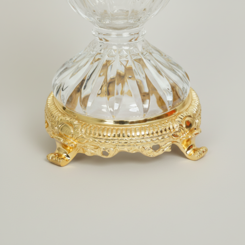 Neoclassical Lidded Crystal Urn Vase with Acanthus Brass Mounts and Ornate Footed Base Gold Side | Brass & Wood