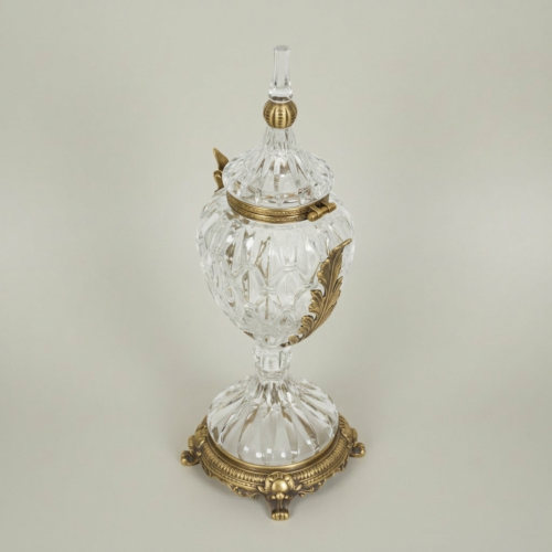 Neoclassical Lidded Crystal Urn Vase with Acanthus Brass Mounts and Ornate Footed Base Antique Gold Front | Brass & Wood