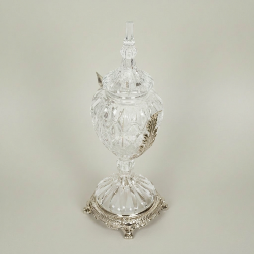 Neoclassical Lidded Crystal Urn Vase with Acanthus Brass Mounts and Ornate Footed Base Silver Front | Brass & Wood