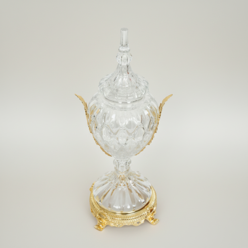 Neoclassical Lidded Crystal Urn Vase with Acanthus Brass Mounts and Ornate Footed Base Gold Front | Brass & Wood